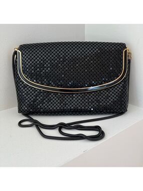 VINTAGE Evening Shoulder Bag Black Shiny Mesh Chain Strap Made Hong Kong 80's